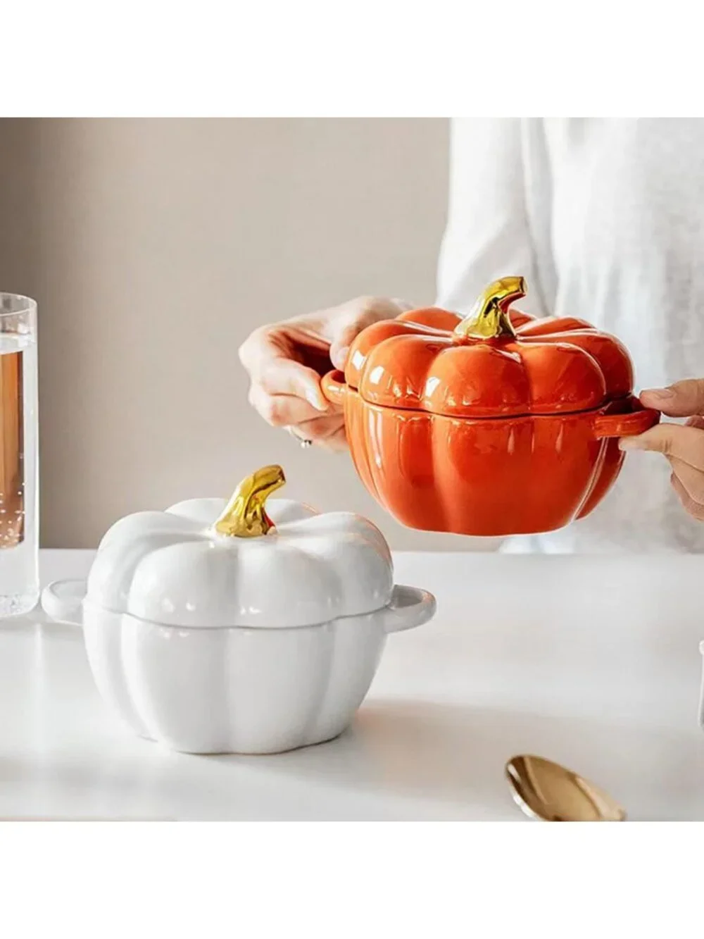 Set of 2 Pumpkin Ceramic Ramekins with Lid & Handle - Oven Safe Casserole Dish